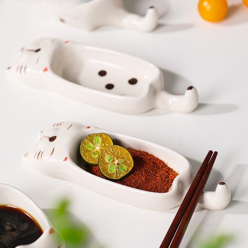 Cute Ceramic Cat Plate Japanese Soy Sauce Dish Creative Home Tableware with Chopsticks Holder