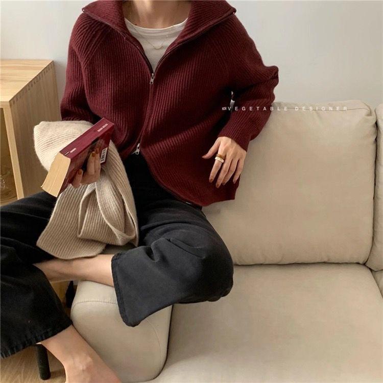 Casual Knitted Cardigan Sweaters Women Autumn Winter Vintage Zip-up Solid Loose Long Sleeve Tops Knitwear Chic Kpop