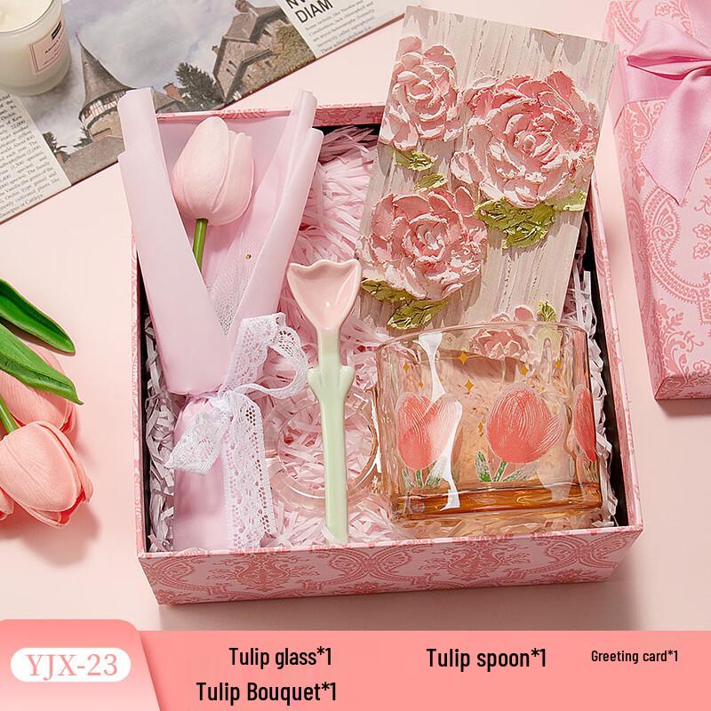Women s Day Tulip Glass & Mirror Gift Sets YJX-23 Tulip Glass Cup, Spoon, Bouquet