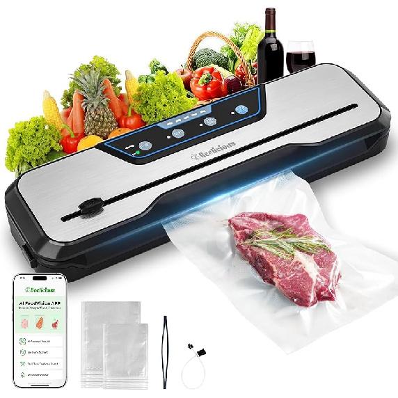 Vacuum Sealer Machine, with Starter Kit and 2-Year Warranty, Beelicious Automatic Air Sealing for Food Storage, Build-in Cutter, Moist Mode, EXT-VAC Stainless Steel