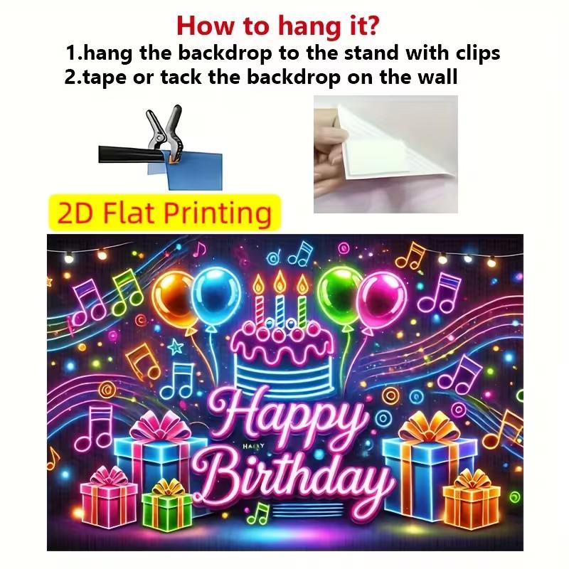 2D Neon Lights Happy Birthday Backdrop for Glow Themed Party Photo Booth