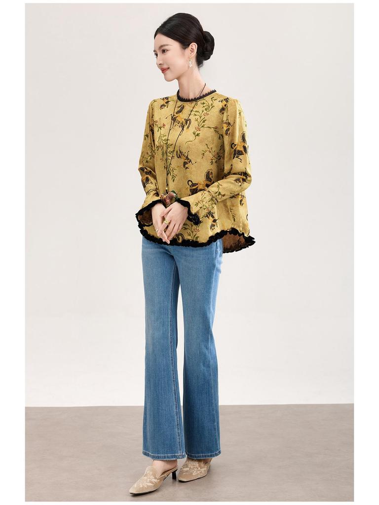 High-Quality Rayon Jacquard Patchwork Velvet Lace Women's Shirt - Early Spring, New Chinese Style