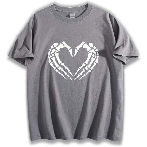 Unisex Loose Fit Crewneck Cotton T-Shirt, Skeleton Hands Forming Heart Shape Gothic Love Halloween Spooky Graphic Tee