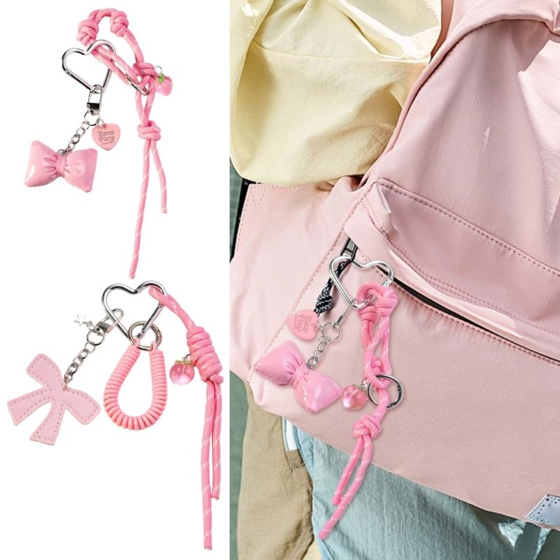 Braided Rope Bag Charm Lovely Heart Keychain Handbag Pendant Ornaments Bows Keyrings Fashion Keyholders