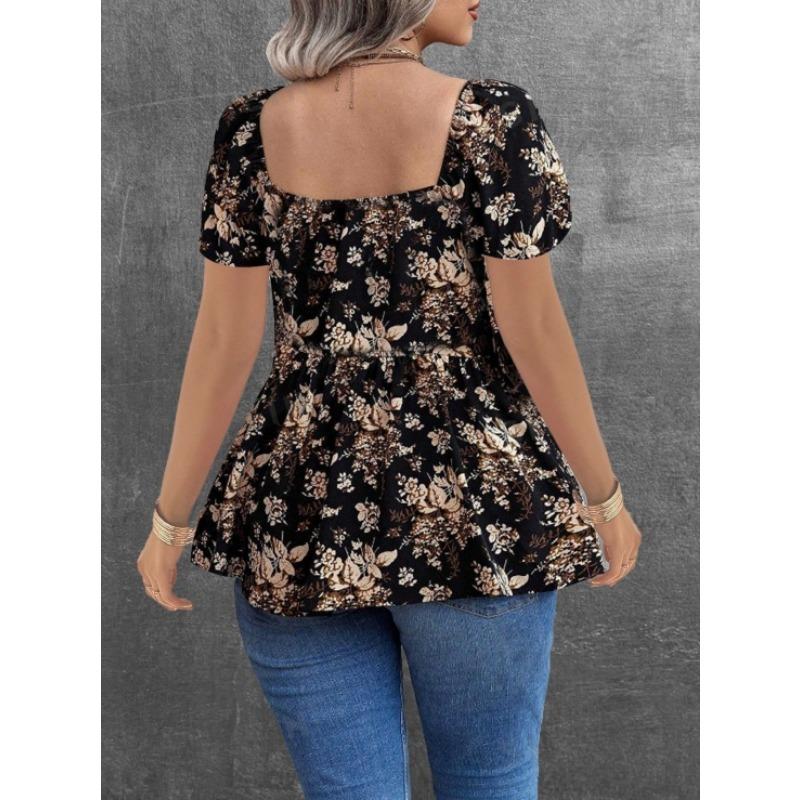Women French Style Square Neck Floral Backless Waist Cinched Short Cropped Top