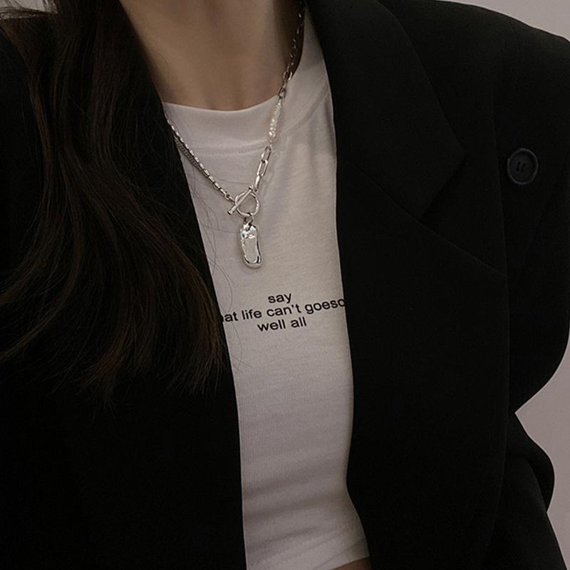 ANENJERY Women'S Fashion Jewelry Irregular Pearl OT Buckle Necklace Female Temperament Korean Niche Design Accessories