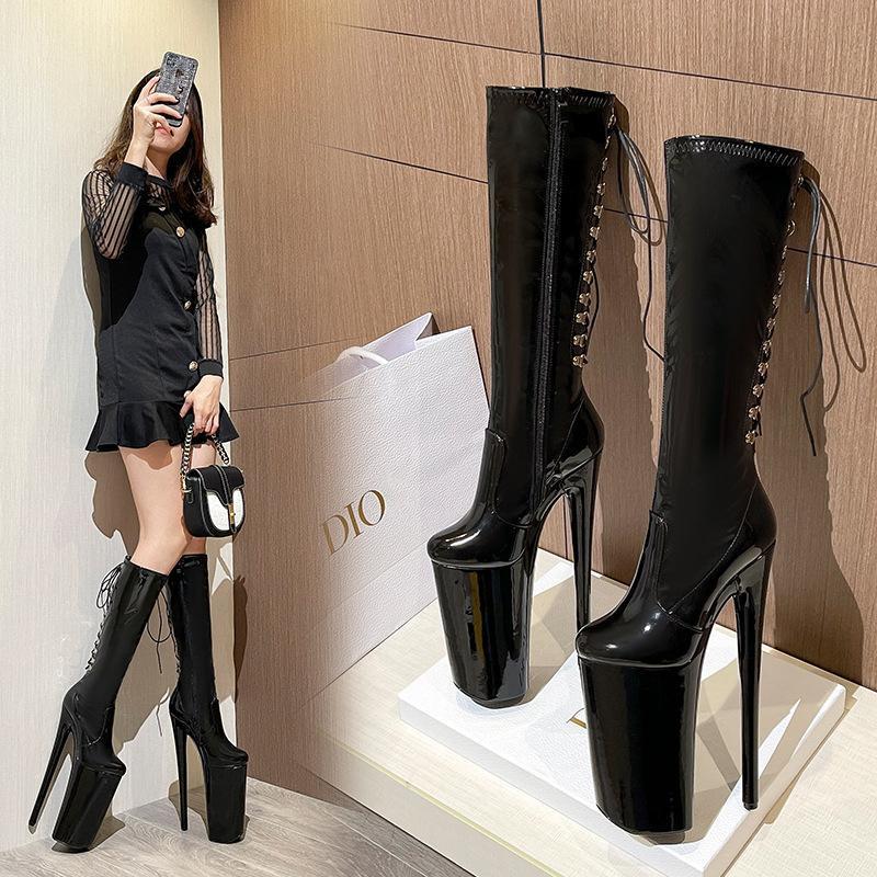 26CM Super High Women Knee-high Boots Lace Up Zipper Thin High Heeled Shoes Nightclub Pole Dance Round Toe Long Boots