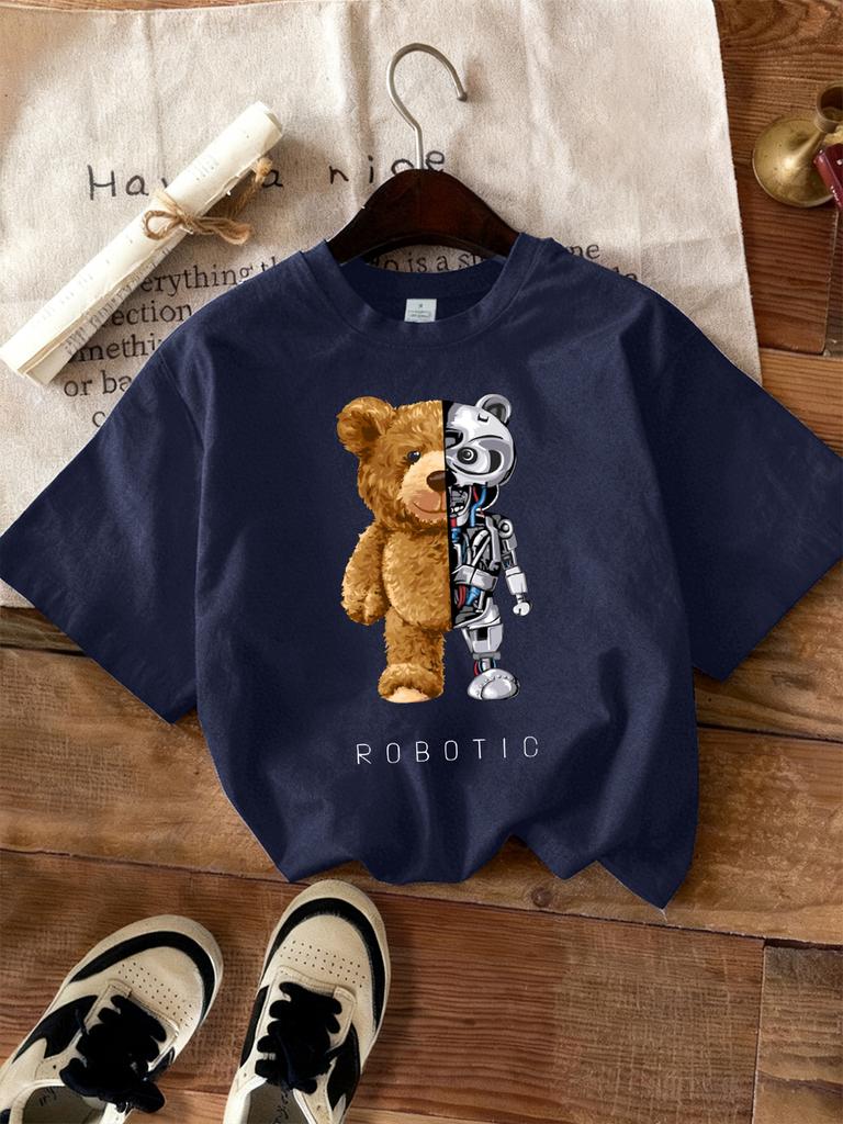 Plush And Robotic Bear Prints T-Shirts Women Casual Loose Short Sleeve Tops Soft O-Neck T Shirt Summer Comfortable Woman Clothes