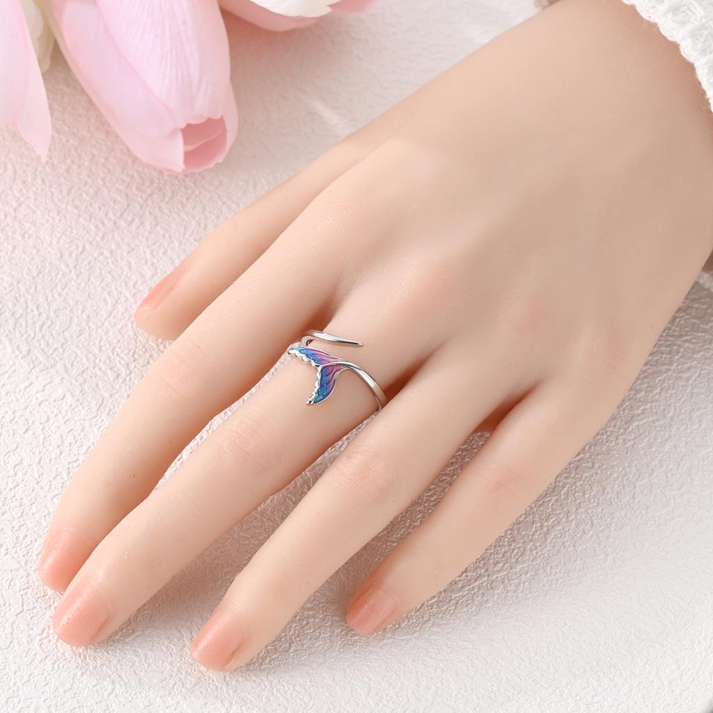 Copper Mermaid Tail Open Ring For Women Gradient Enamel Adjustable Dainty Ocean Fine Versatile Jewelry Gift