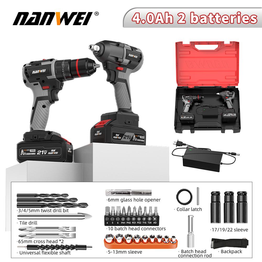 NANWEI 2 Piece 21V Brushless Motor Electric Wrench + Drill Tool Set