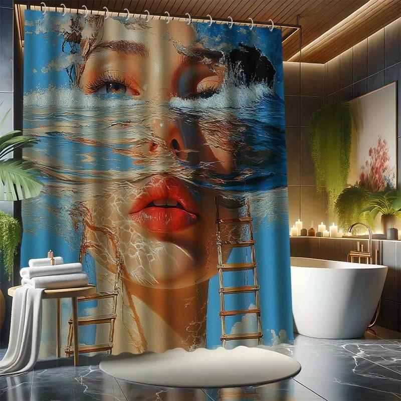 ~O~Art Portrait Shower Curtain Set, Abstract Art, Literary Style, 12 Hooks, Polyester, Bathtub Partition, Modern Bathroom Decor
