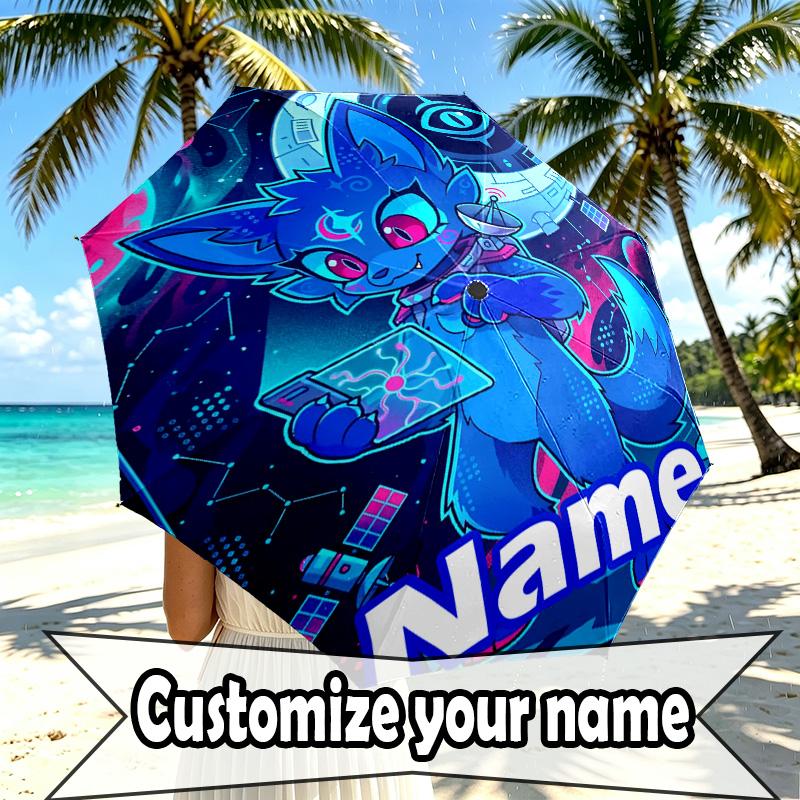 Custom Name Personalized Cosmic Bot Crew Print Umbrella, Auto Open Close, 8‑Rib Sturdy Frame, Commute Camping Hiking Use, Birthday Gift