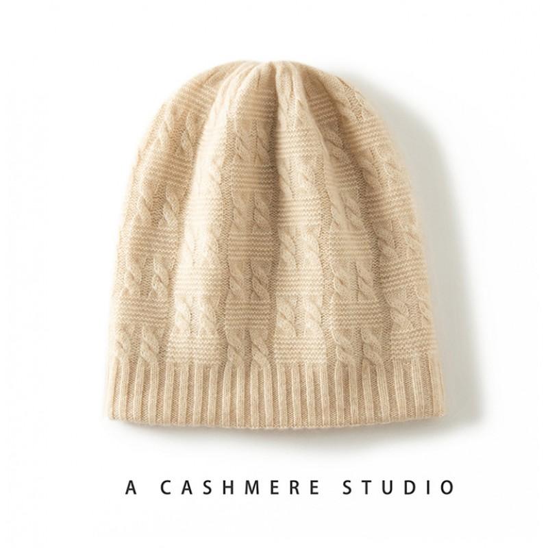 Double-Layer Warm Cashmere Beanie Hat Men Women Thick Knitted Cable Winter Cap Solid Color