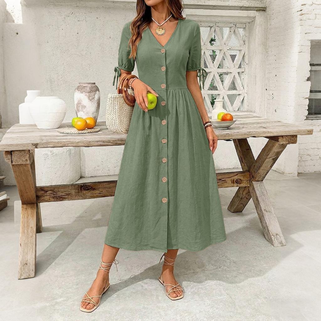Summer Women's Solid V-neck Short Sleeve Casual Dress European American Style Beach Holiday Vacation Dress