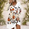 Women Criss Cross V Neck Long Sleeve Halloween Ghost Pumpkin Printed Curved Hem White Dress