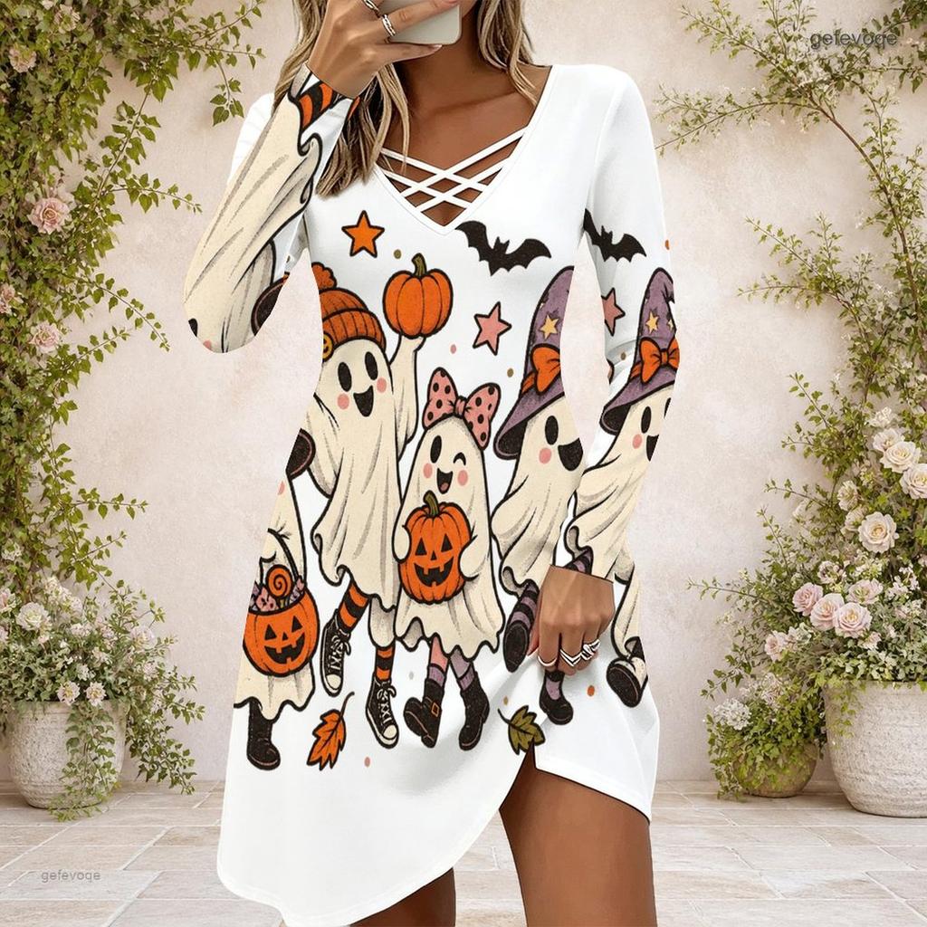 Women Criss Cross V Neck Long Sleeve Halloween Ghost Pumpkin Printed Curved Hem White Dress