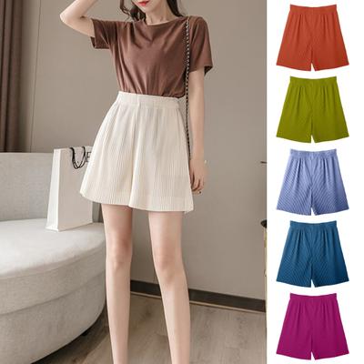 Pantaloni scurți de vară pentru femei, talie înaltă elastică, design cu nervuri, culoare solidă, casual, lejer, pantaloni scurți cu picior larg
