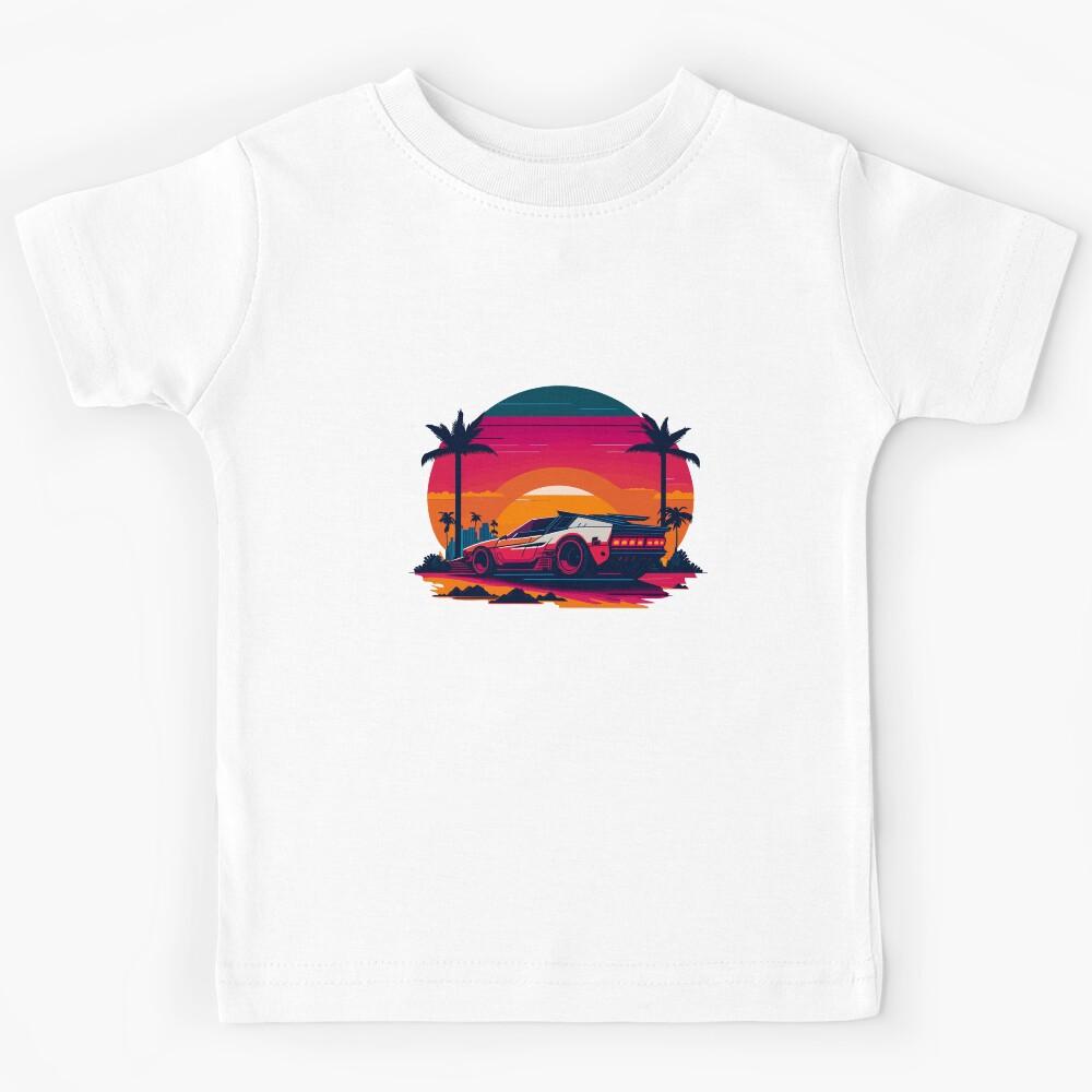 Cyberpunk car ride and vibrant city sunset Kids T-Shirt 170