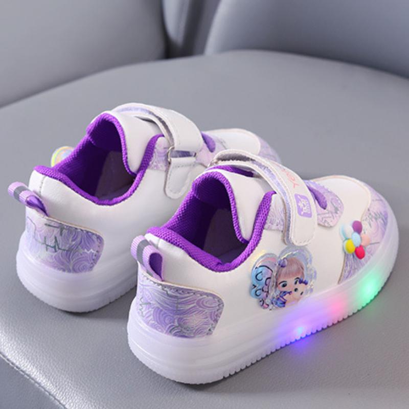 Zapatos deportivos para niñas con luz LED, suela suave para niños, zapatos casuales de princesa rosa y morado