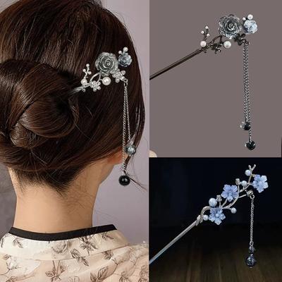 Classic Hair Stick Chopsticks Ink Color Flower Metal Fringe Hairpin For Women Pearl Black Beads Cheongsam Hair Bun Jewelry Gifts