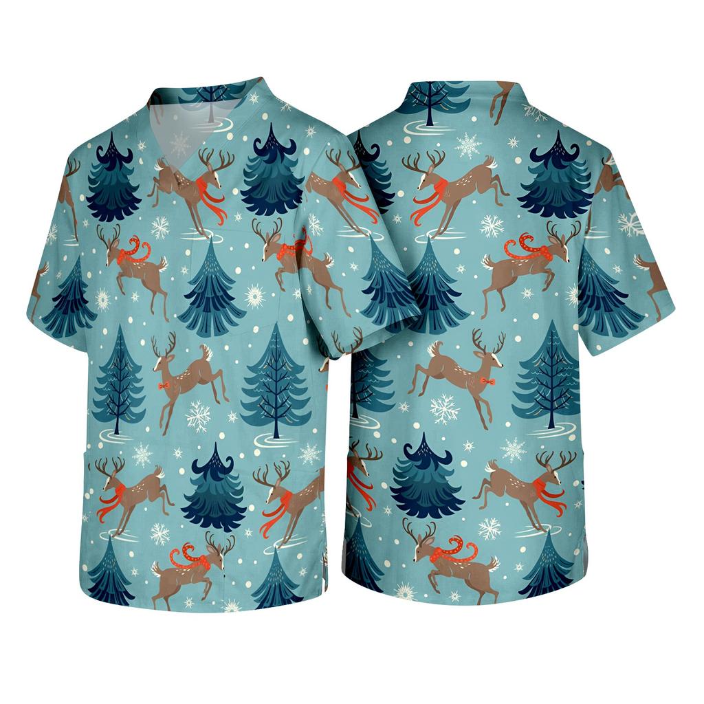 Men's Christmas Theme Caregiver Uniform, Holiday Scrub Top for Nurses and Workers