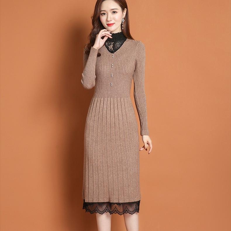 Lace Half Turtleneck Knitted Dress for Women Long-sleeved Solid-color Sweater Dress for Autumn and Winter Casual
