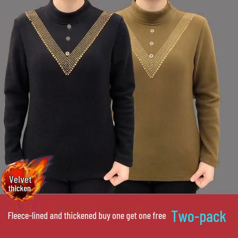 Double-Sided Threaded Velvet Rhinestone Slimming Semi-High Neck Top - Autumn/Winter Warm Base Layer