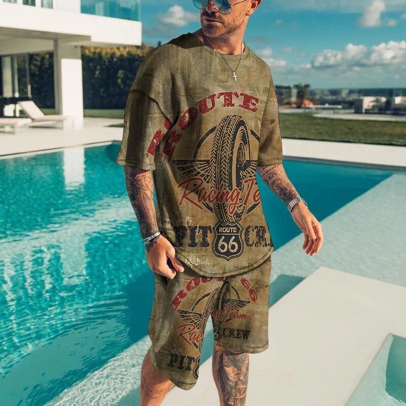 Personality Harajuku 3D Men's T-shirt Sets Casual Streetwear Oversized T-Shirt Shorts 2 Piece Set Summer Tracksuit Man Clothing