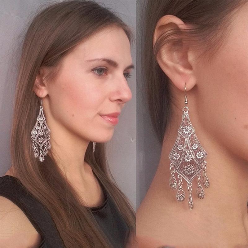European Retro Ethnic Floral Tassel Earrings with Engraved Water Drop Design