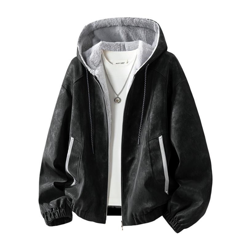 Men's Fleece Jacket Fleece Thickened Jacket Hooded Warm Leather Jacket Leather Texture