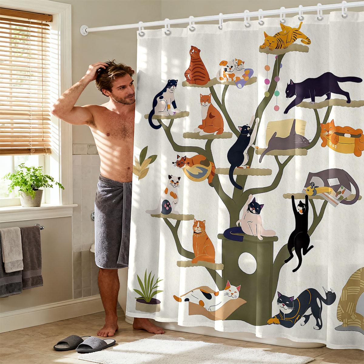 

Cute Cat Tree Printed Shower Curtain Multi Size Partition Privacy Hanging Curtain With 12 Hooks Fashionable Bathroom Decoration W60H190(CM)-1 Pcs
