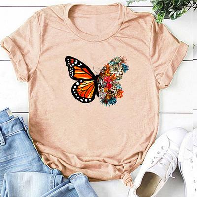 Women Summer T Shirt  Butterfly Print Retro Fashion Short Sleeve Tees Casual   Printed  Tops