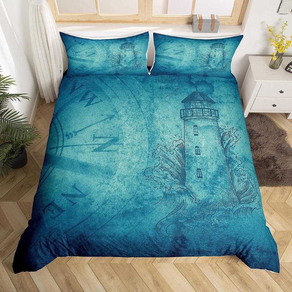 Nautical Anchor Duvet Cover Set Vintage Sail Boat Lighthouse Bedding Set Conch Starfish Seashell Ocean Wave Comforter Cover King
