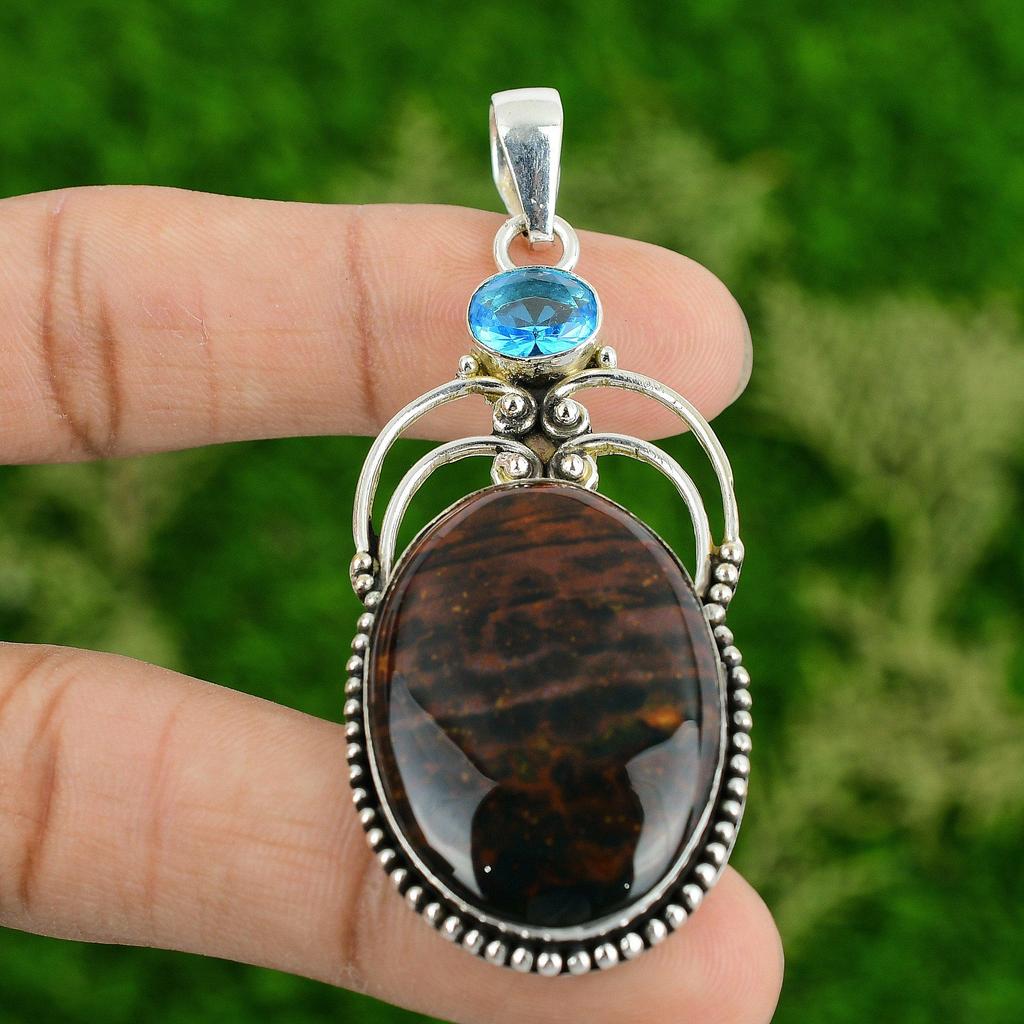 Natural Bloodstone Swiss Blue Topaz Sterling Silver Bezel Trendy Pendant Jewelry