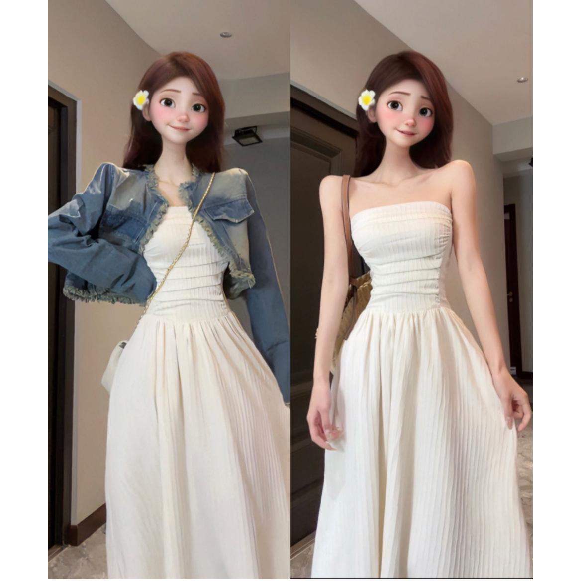 

White Strapless Summer Dress: Elegant Waist-Cinching, Sweet & Spicy Two-Piece French Style for Girls & Women S
