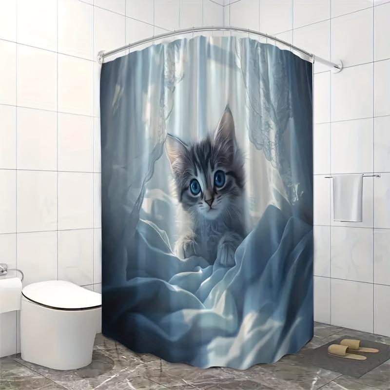 Cute Kitten Shower Curtain Blue Eyes Cat Design Waterproof Bathroom Decor Adorable Pet Theme Bath Curtains For Home