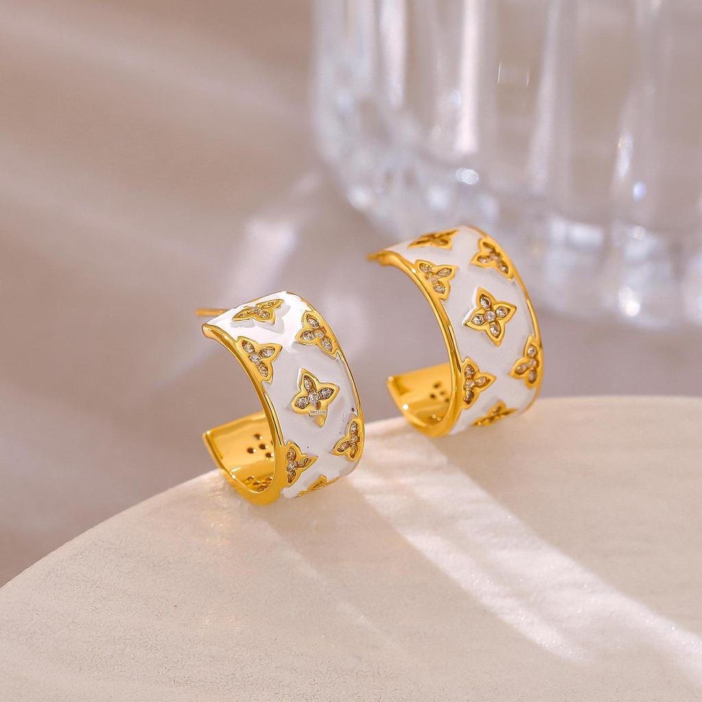 Elegant Four-Leaf Clover Zircon-Encrusted Hoop Earrings - Luxury Vintage European & American Design