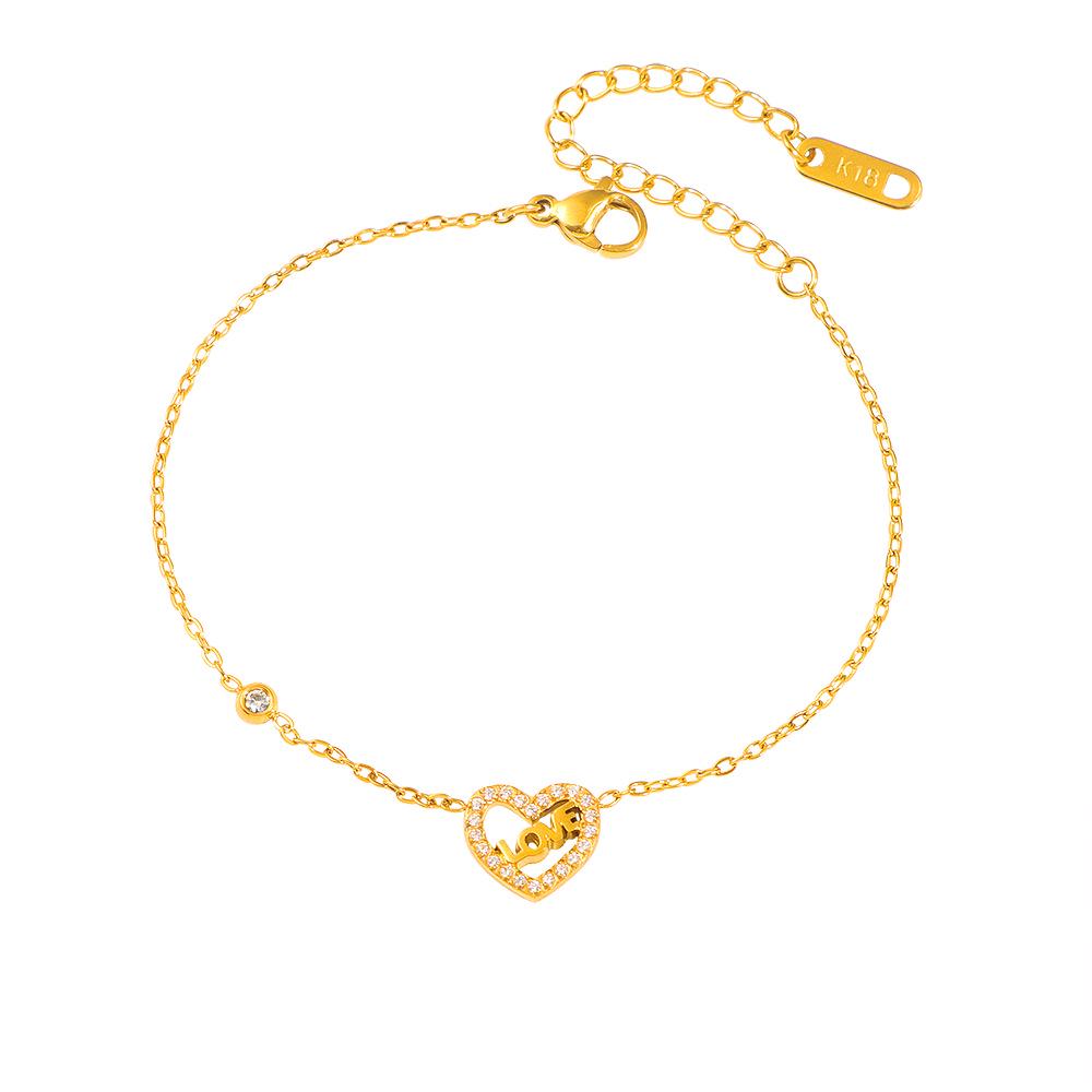 Stylish Heart-Shaped Zircon Inlaid Titanium Steel Bracelet - Non-Fading Couple Design for Women