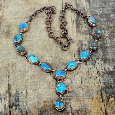 Collar de turquesa tibetana collar de cobre electroformado collar de cadena ajustable joyería de cobre collar hecho a mano con piedra preciosa regalos para mujeres