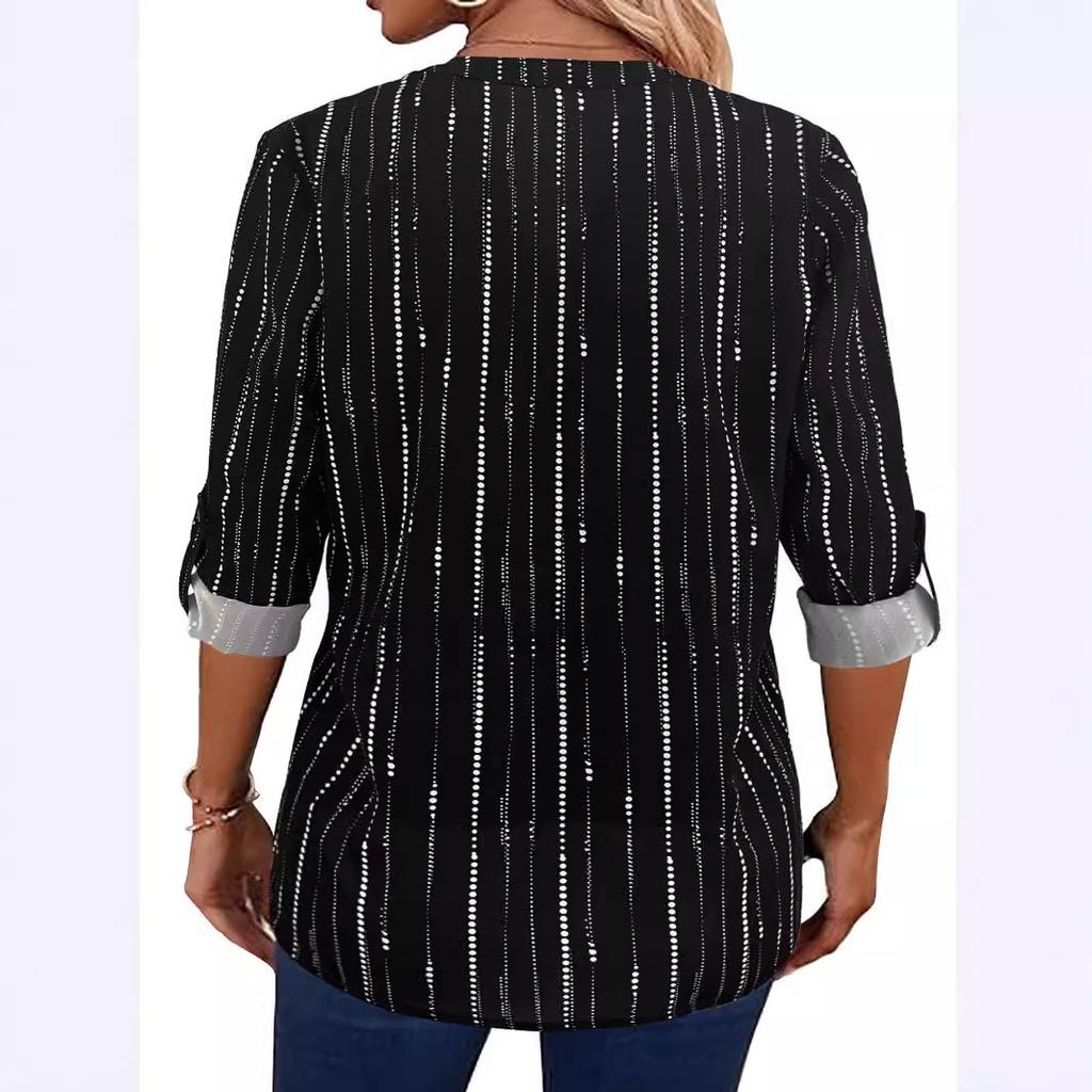 Spring and Autumn Leisure Commuting Elegant Stripe Zipper Long Sleeve Women's Blouses & Shirts