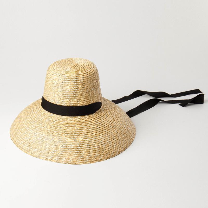 

Vintage Summer Hats For Women Natural Wheat Straw Hats High Flat Top Long Ribbon Lace-up Sun Hats Wide Brim Anti-UV Beach Hats чорний