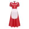 Women French Maid Dress Satin Lapel Collar Lace Trim Short Sleeve Wet Look PU Maxi Apron Costume