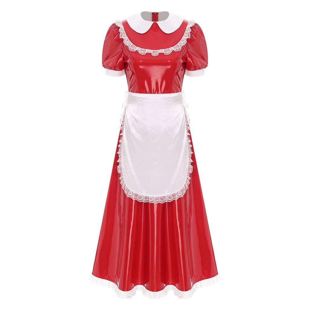 Women French Maid Dress Satin Lapel Collar Lace Trim Short Sleeve Wet Look PU Maxi Apron Costume