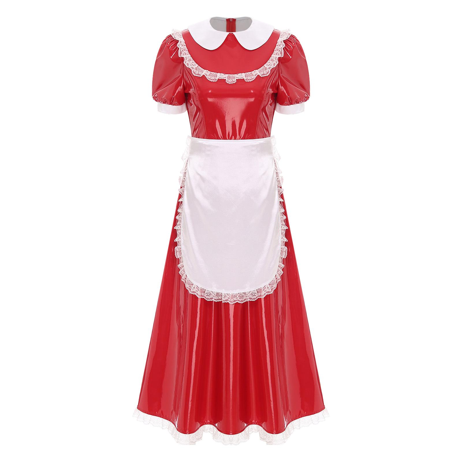

Women French Maid Dress Satin Lapel Collar Lace Trim Short Sleeve Wet Look PU Maxi Apron Costume S червоний