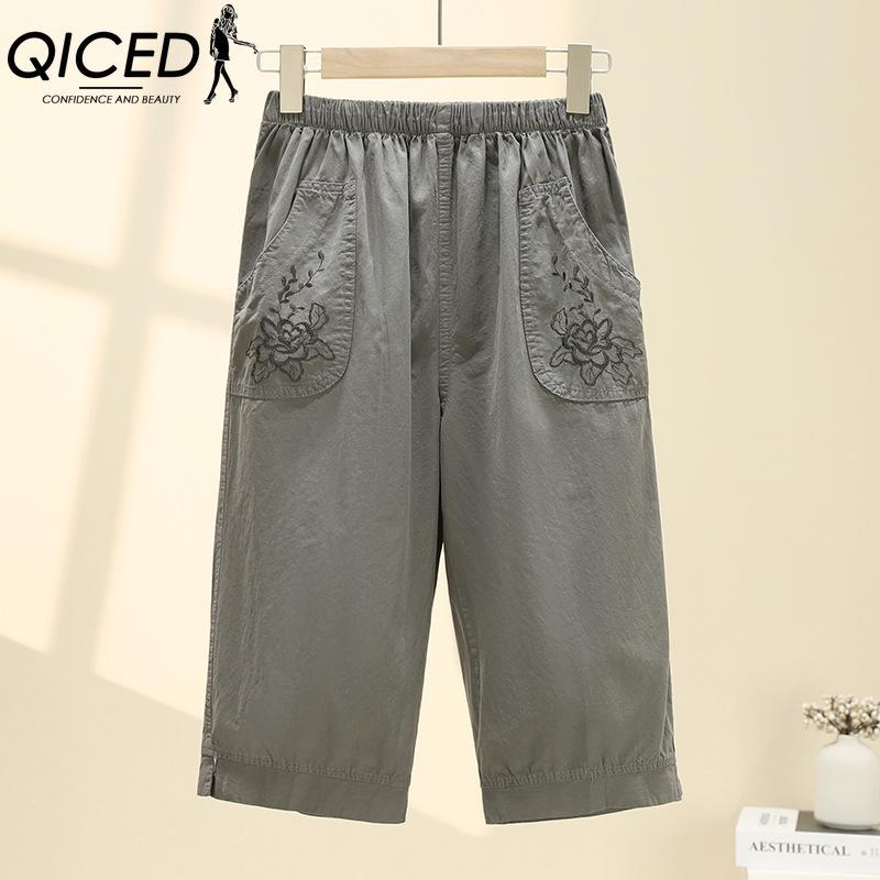 QICED Summer Women Elastic Waist Straight Trousers Middle Age Older Women High Waist Straight Pants Washed Cotton Cropped Plus Size Pants