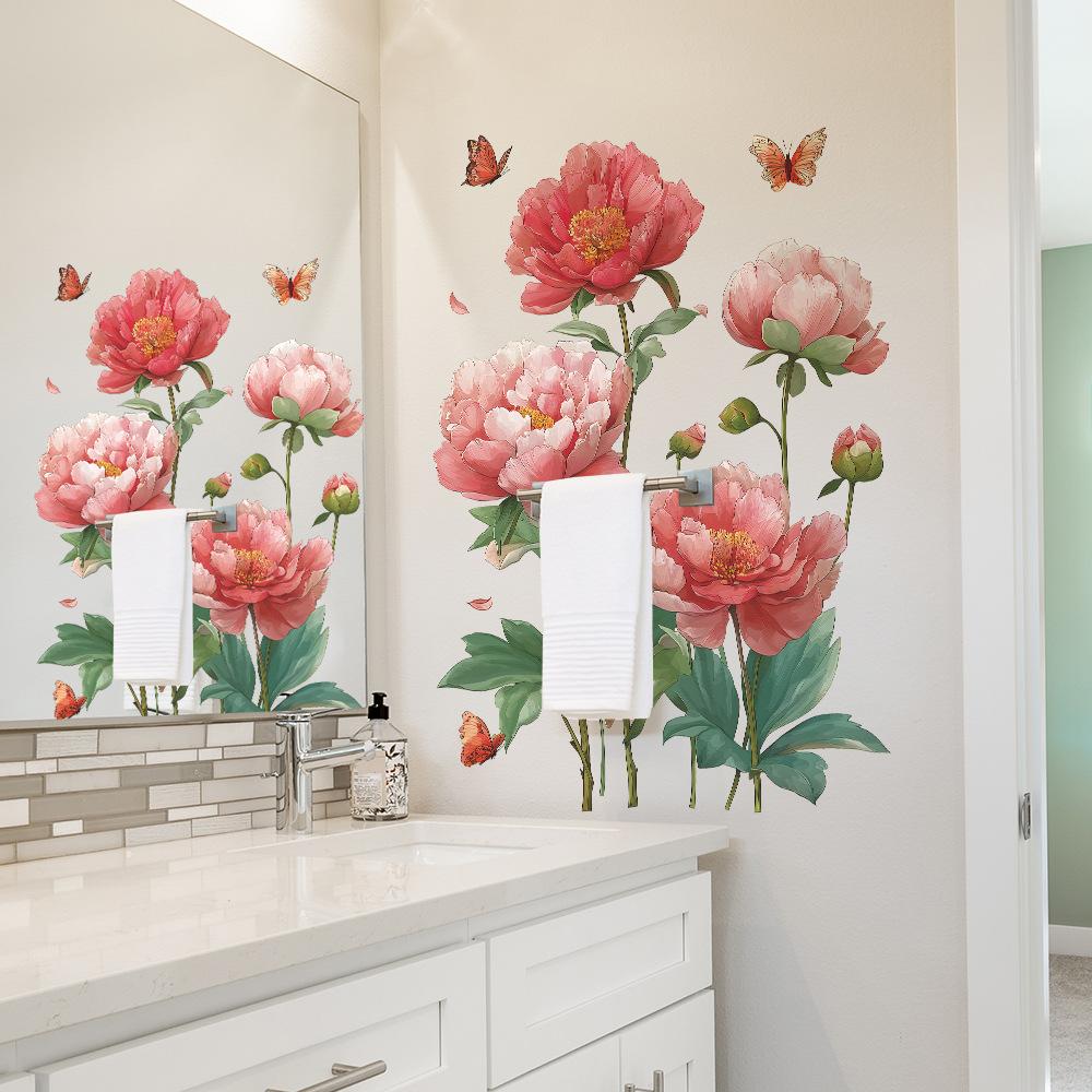 Home Background Wall Decoration Stickers Featuring Noble Peonies and Dancing Butterflies