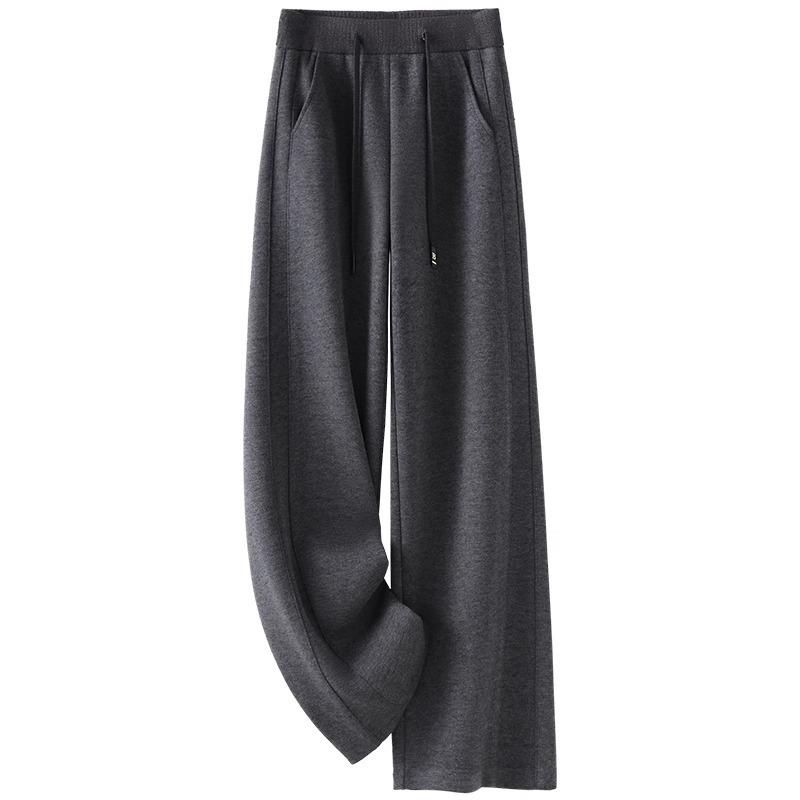 Pantaloni largi de cașmir gri pentru femei, căptușiți cu fleece, amestec de lână, lungi până la podea, toamnă și iarnă 2024.