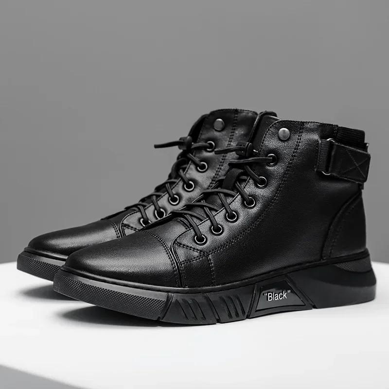 

Fashion Black Genuine Leather Business Short Boots Men s New Autumn Winter 2024 British Fashion Plush Flat Shoes Trend Casual Shoes Soft 38 чёрный
