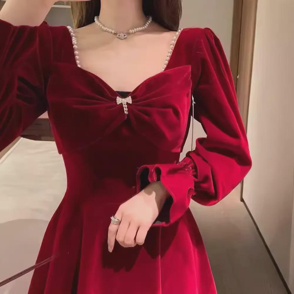 2025 New Velvet Slimming Wedding and Banquet Dress for Brides - Spring/Autumn Casual Wear