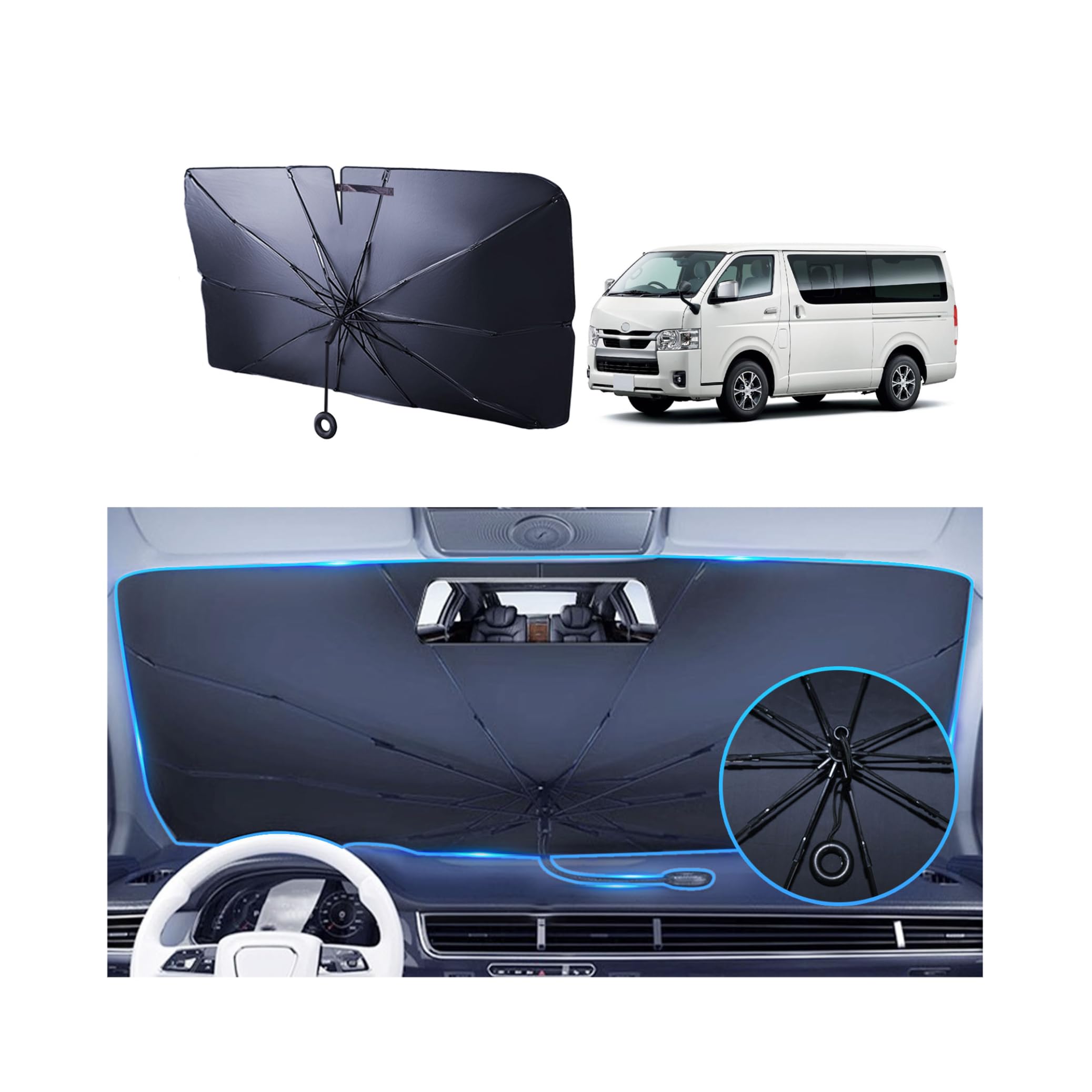 

Persevere 2025 Улучшенный автомобильный солнцезащитный козырек для Toyota Hiace 200 Series Стандартный кузов Текущая модель Тип зонта Без центрального стержня Складной зонт для лобового стекла чёрный